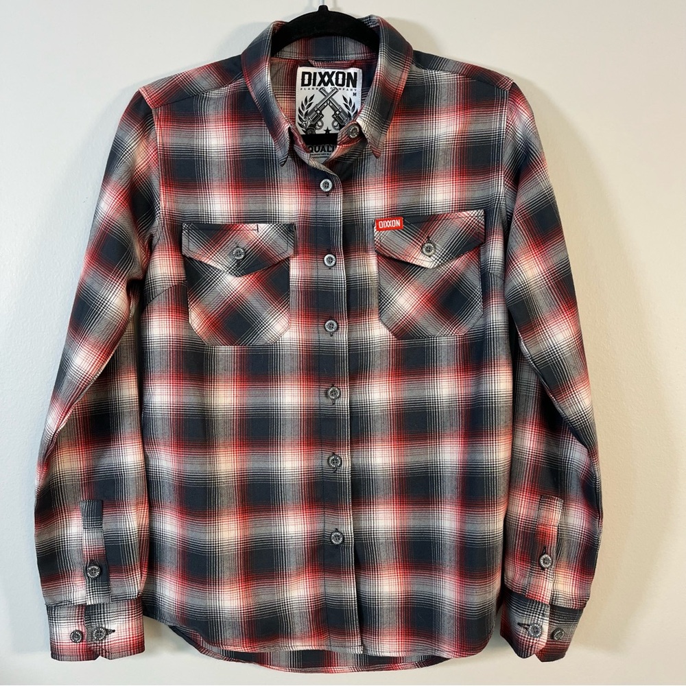 DIXXON WOMEN'S EQUALIZER
FLANNEL Sz Medium Grey Red White Plaid Long Sleeve